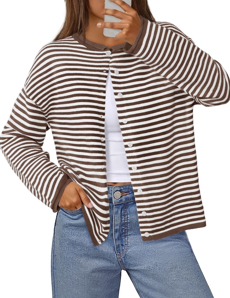 MEROKEETY Womens Striped Cardigan Sweaters 2026 Button Lightweight Long Sleeve Loose Knit Fall Sweater Clothes, Brown, Small - Image 1
