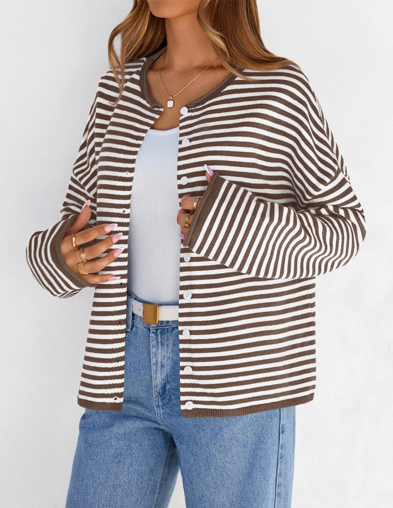 MEROKEETY Womens Striped Cardigan Sweaters 2026 Button Lightweight Long Sleeve Loose Knit Fall Sweater Clothes, Brown, Small - Image 2
