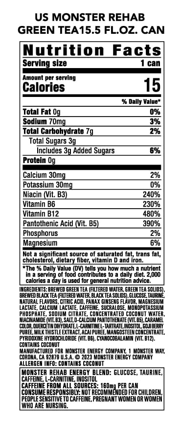 Monster Energy Rehab Green Tea + Energy, Energy Iced Tea, Energy Drink 15.5 Ounce (Pack of 15) - Image 3