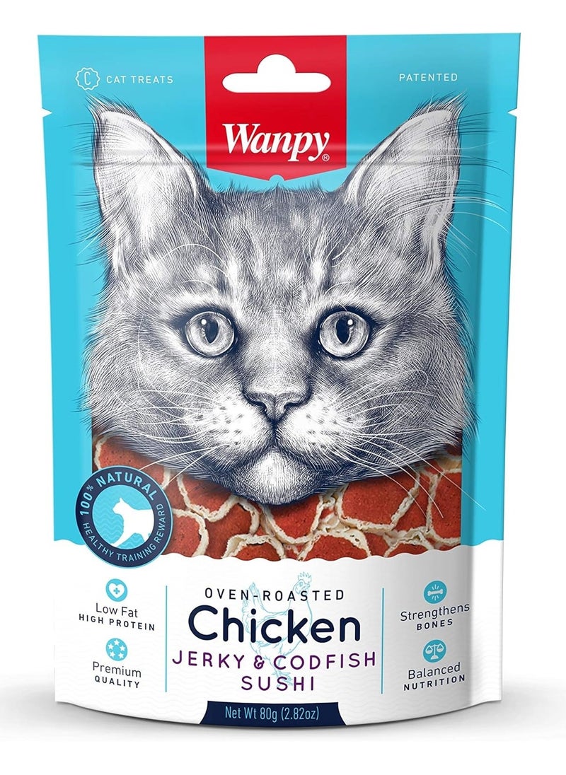 Wanpy Cat Chicken Jerky and Codfish Sushi for Cat Treats 80g  - Image 1