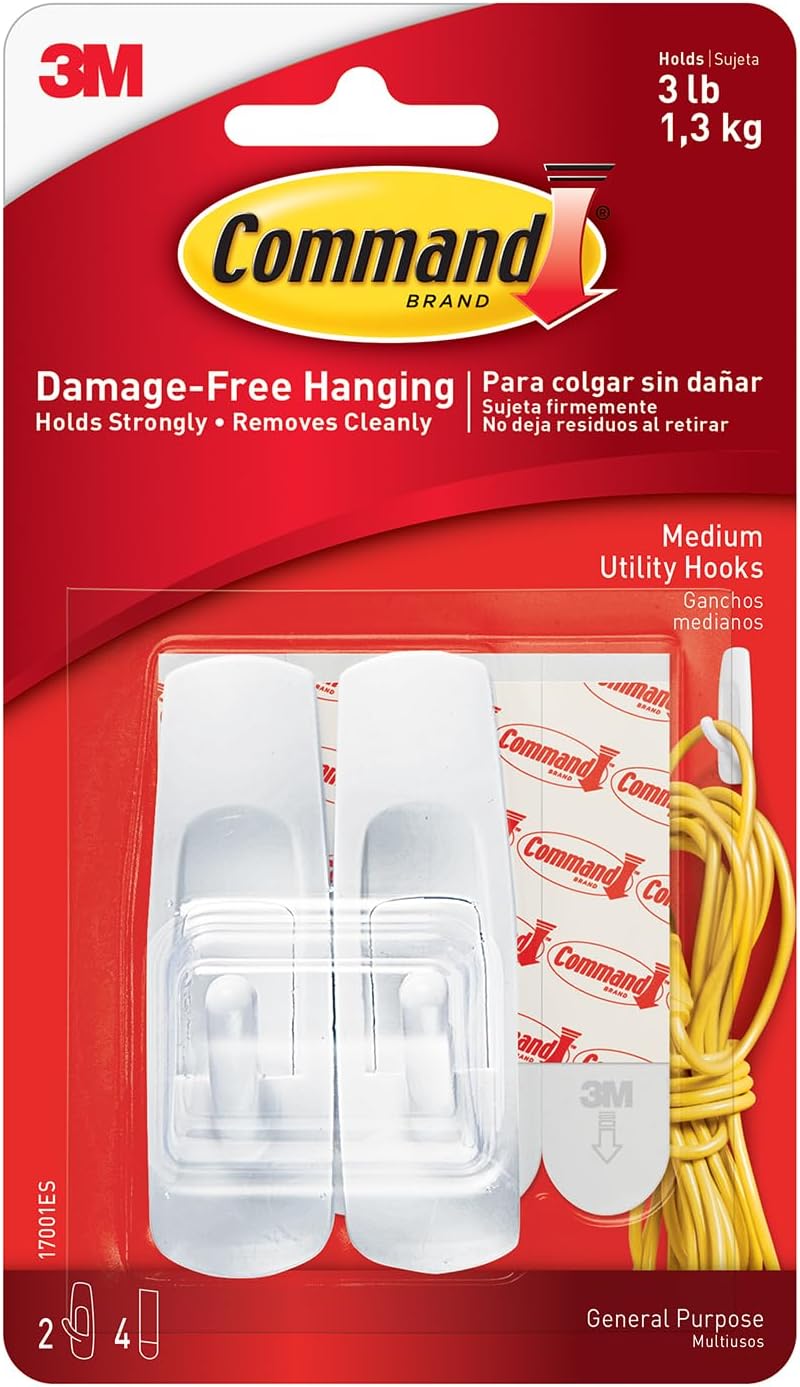 Command Medium Utility Hooks - Damage-Free Hanging, Holds 1.36 kg, White, 2 Hooks + 4 Strips - Image 1