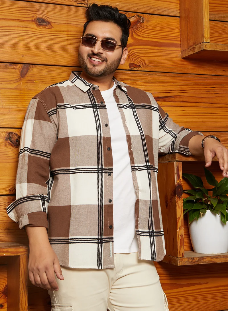 انستافاب بلس Instafab Plus Men's Russet Brown Overlap Buffalo Shirt For Casual Wear | Spread Collar | Long Cuffed Sleeves | Button Closure | Plus Size Shirt Crafted With Comfort Fit For Everyday Wear