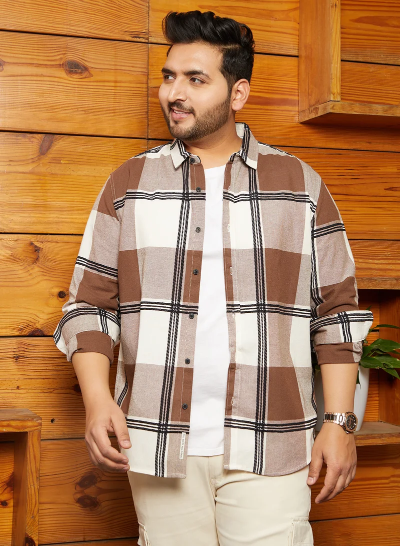 انستافاب بلس Instafab Plus Men's Russet Brown Overlap Buffalo Shirt For Casual Wear | Spread Collar | Long Cuffed Sleeves | Button Closure | Plus Size Shirt Crafted With Comfort Fit For Everyday Wear