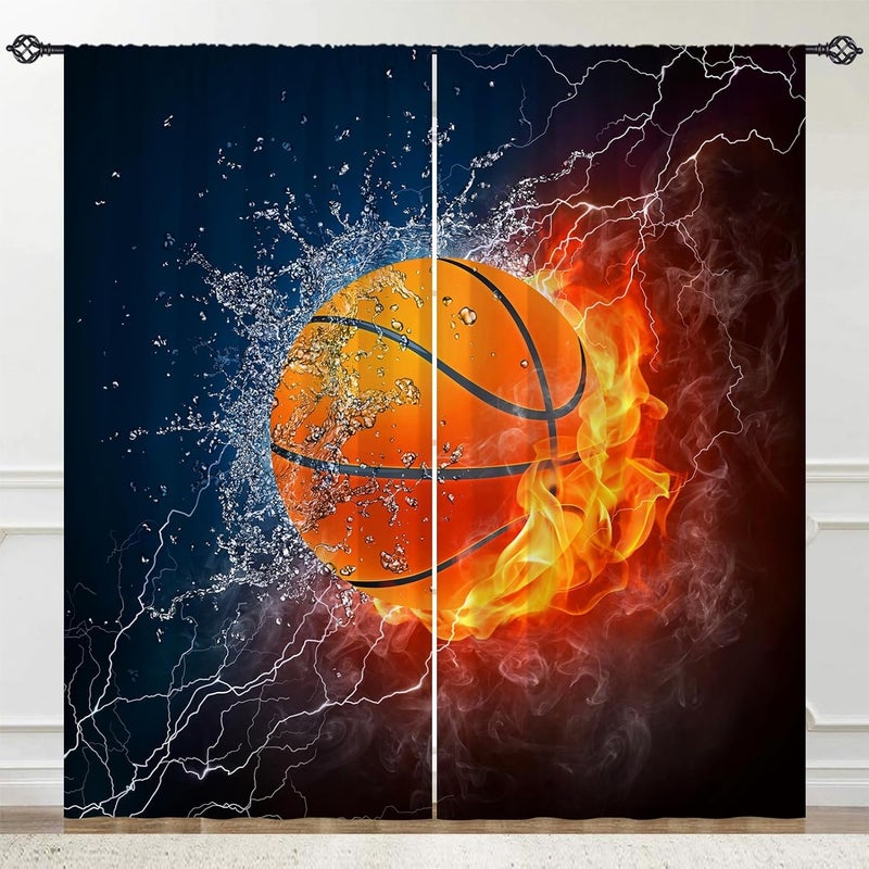 ستائر رياضية للأطفال مقاس 42 × 84 بوصة بجيوب قضيب، كرة سلة، كرة نارية، ماء، لهب، رعد، برق، نمط مطبوع، ستائر نافذة من القماش للخصوصية، لغرفة نوم الأولاد وغرفة الأطفال وغرفة اللعب، لوحتان. - Image 3