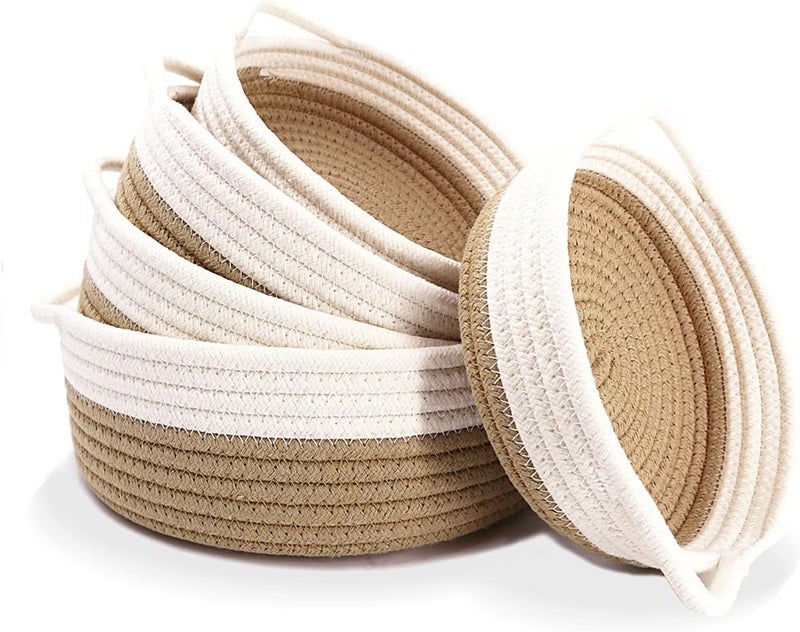 Antole Rope Storage Baskets for Organizing,Small Cotton Woven Basket for Bathroom Shelve Nursery,Decorative Basket Organizer Bins,Brown Woven Basket,Baby Basket,Cotton Rope Basket (Brown-5pcs) - Image 1