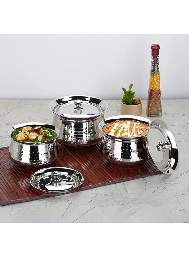 Sumeet Stainless Steel Handcrafted Hammered Texture Handi Set with Lid for Kitchen, Set of 3, 950ml, 1300ml & 1700ml, Silver - Image 4