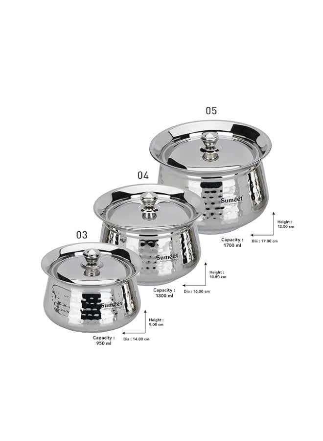 Sumeet Stainless Steel Handcrafted Hammered Texture Handi Set with Lid for Kitchen, Set of 3, 950ml, 1300ml & 1700ml, Silver - Image 3