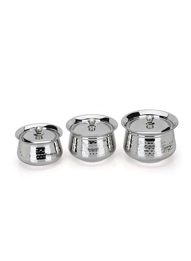 Sumeet Stainless Steel Handcrafted Hammered Texture Handi Set with Lid for Kitchen, Set of 3, 950ml, 1300ml & 1700ml, Silver - Image 1