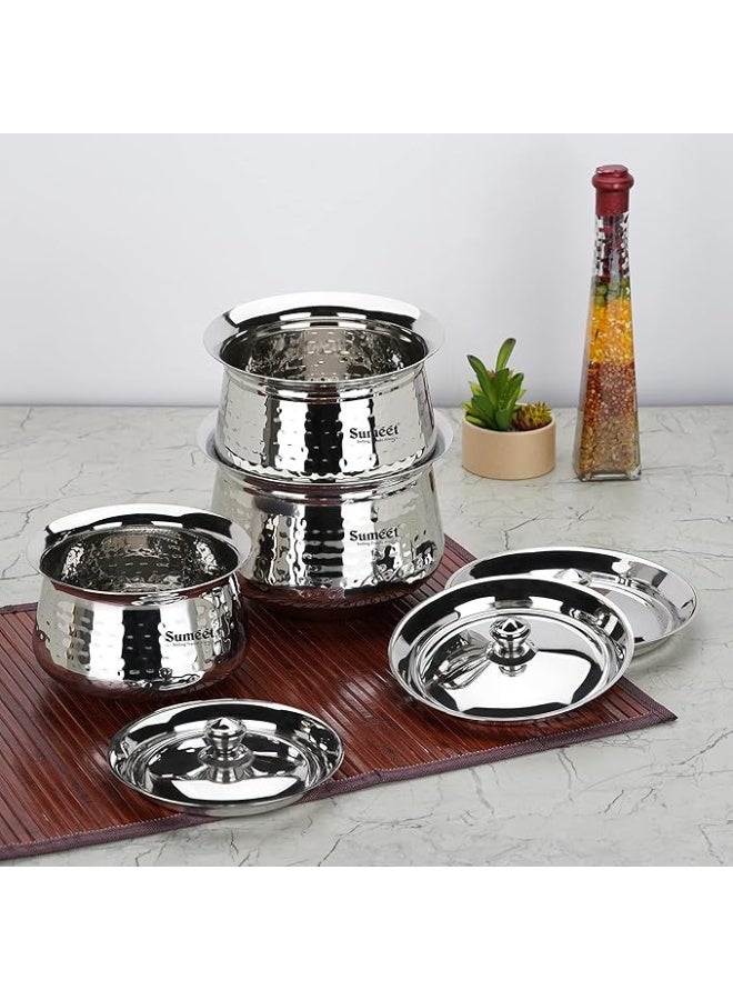 Sumeet Stainless Steel Handcrafted Hammered Texture Handi Set with Lid for Kitchen, Set of 3, 950ml, 1300ml & 1700ml, Silver - Image 2
