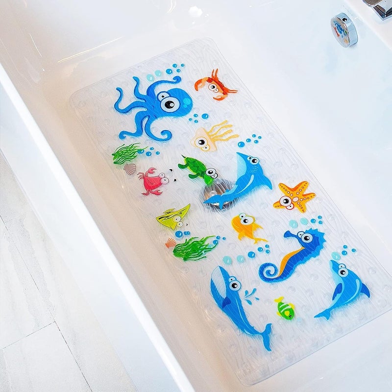 BEEHOMEE Bath Mats for Tub Kids,Baby Toddler - Large Cartoon Non-Slip Bathroom Bathtub Anti-Slip Shower Mats for Floor 35x15,Machine Washable XL Size Bathroom Mats (Blue-Octopus) - Image 1