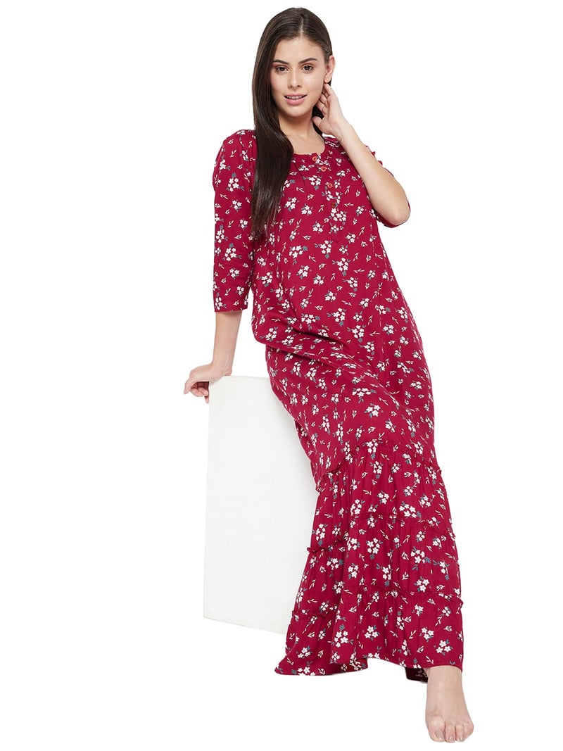 Clovia Women's Cotton Casual Full-Length Nightgown (NS1359P09L_Maroon_L) - Image 5