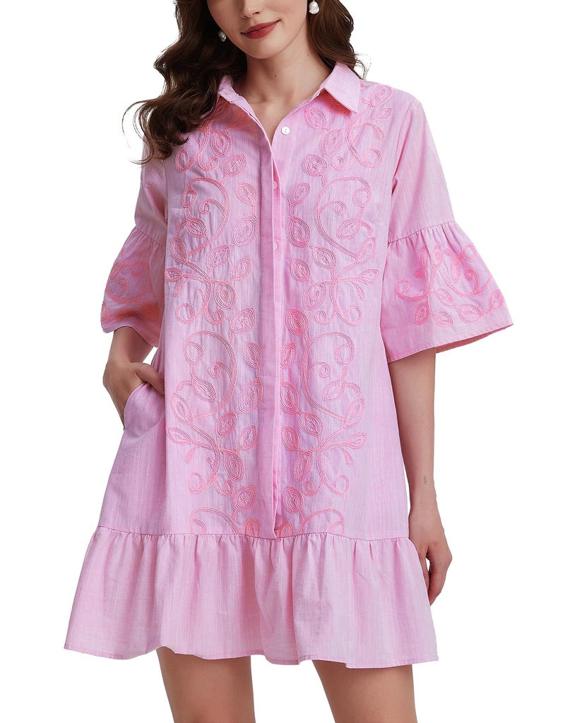 Kedera Summer Floral Embroidered Dress for Women Ruffled Sleeve Mini Dresses Summer Shirt Tunic 2025 Pink - Image 1