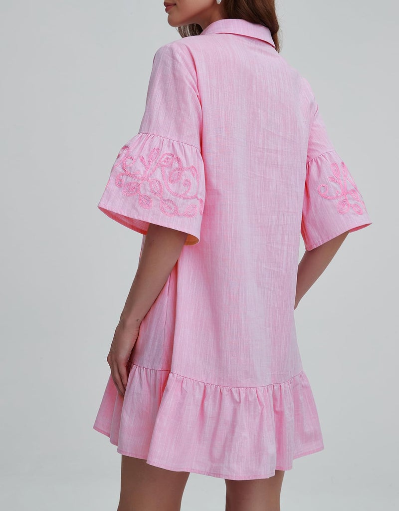 Kedera Summer Floral Embroidered Dress for Women Ruffled Sleeve Mini Dresses Summer Shirt Tunic 2025 Pink - Image 2