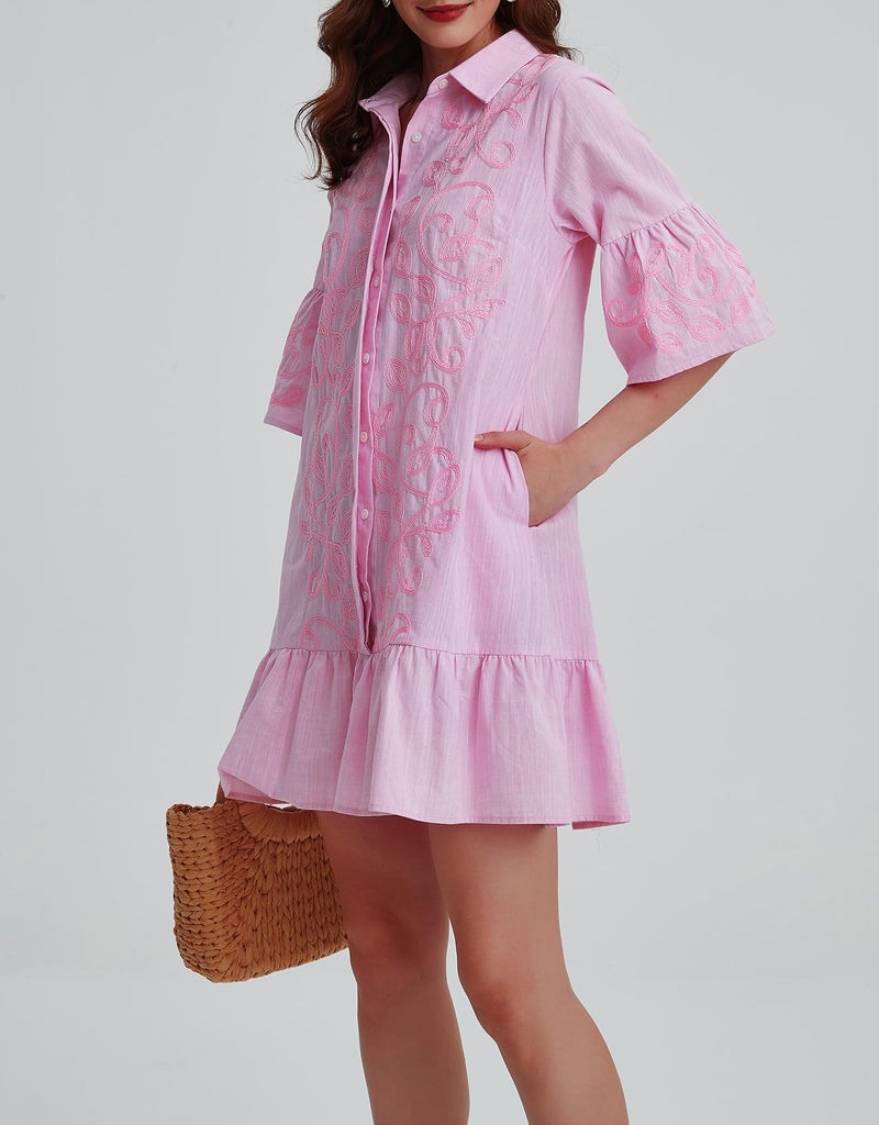 Kedera Summer Floral Embroidered Dress for Women Ruffled Sleeve Mini Dresses Summer Shirt Tunic 2025 Pink - Image 5