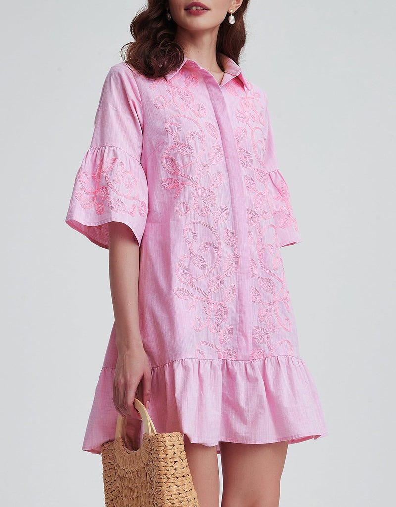 Kedera Summer Floral Embroidered Dress for Women Ruffled Sleeve Mini Dresses Summer Shirt Tunic 2025 Pink - Image 4