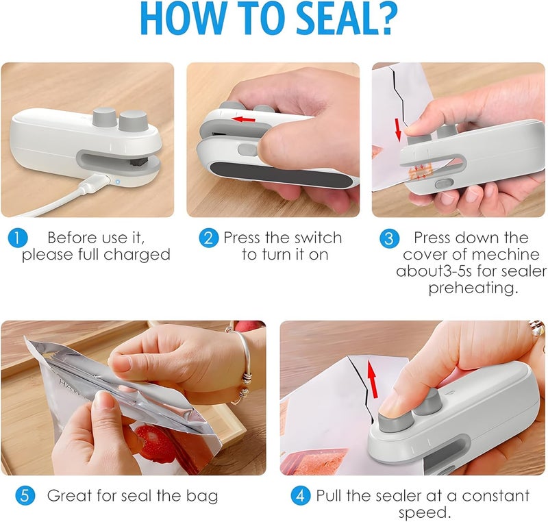 FOMQUAZLI Mini Bag Sealer Machine, USB Rechargeable 2-in-1 Heat Sealer and Cutter, Portable Chip Snack Bag Resealer for Food Storage, Airtight Seal Preserver for Plastic and Vacuum Bags - Image 4
