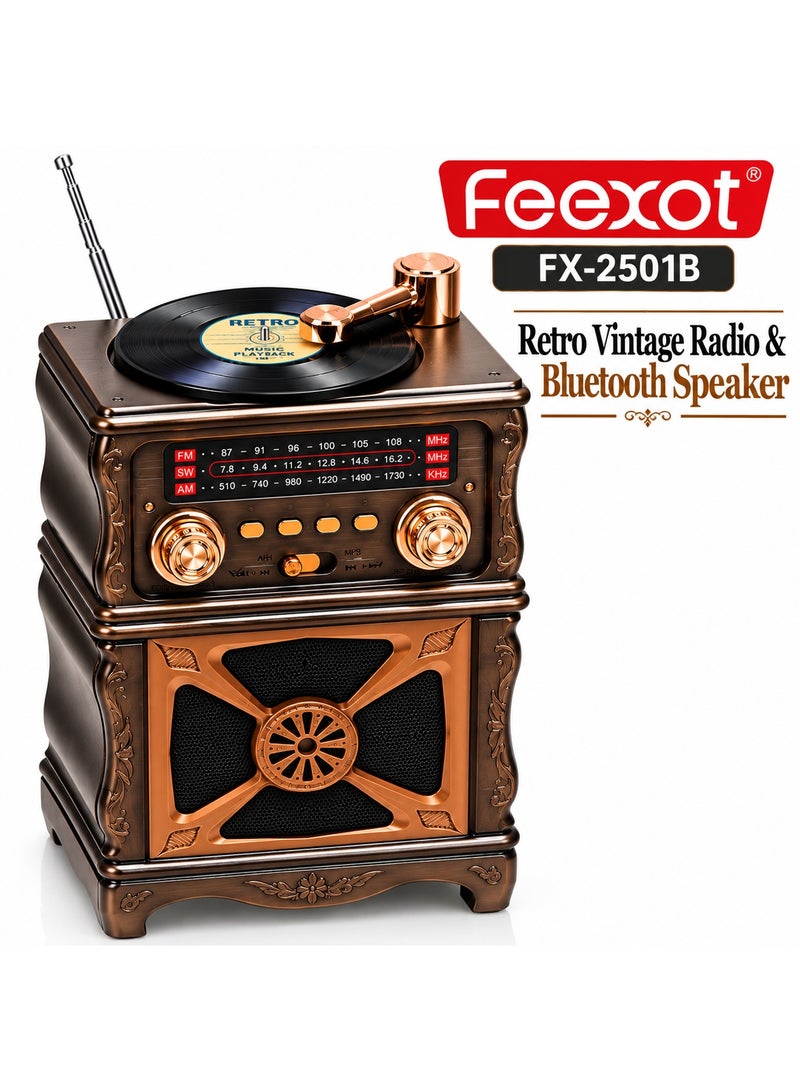 Feexot FX-2501B Vintage Home Decor Radio & Bluetooth Speaker, Retro Gramophone-Style Ornament for Tabletop - Image 2