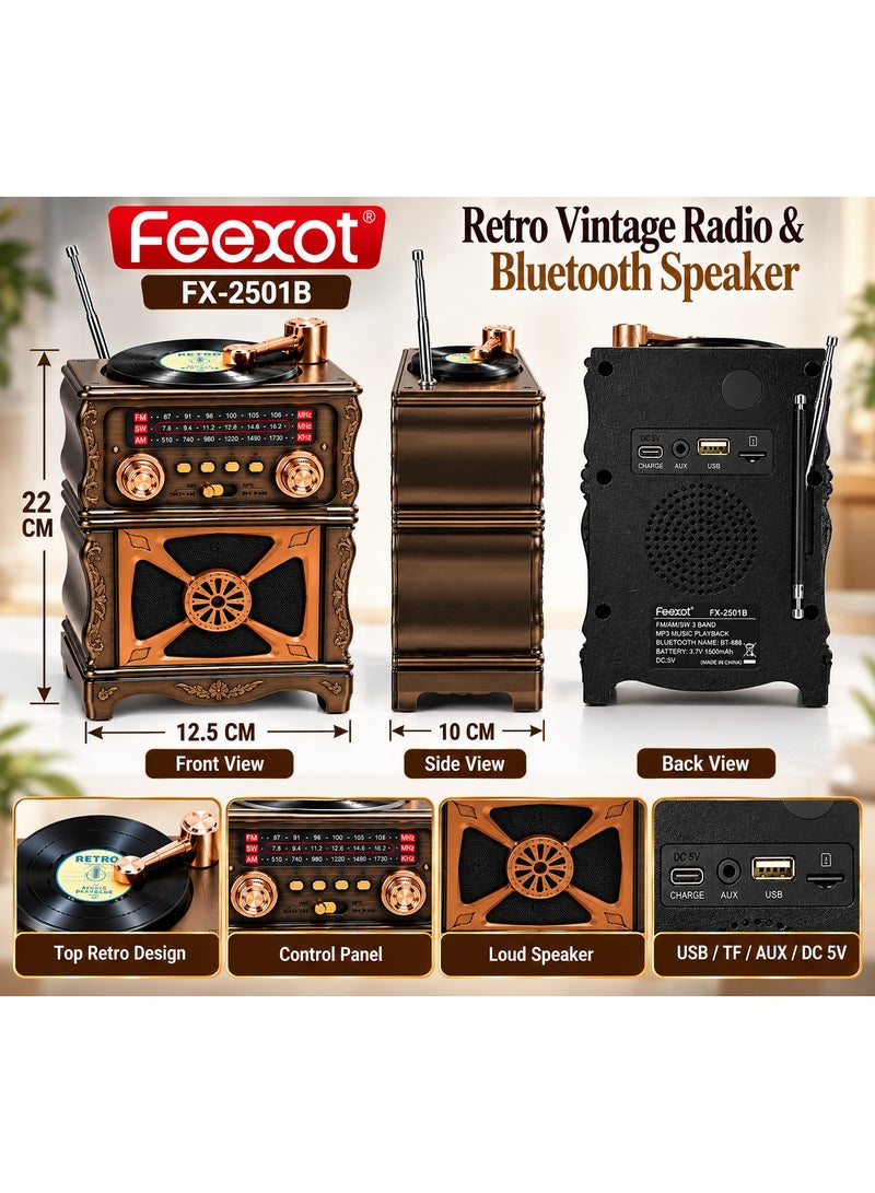 Feexot FX-2501B Vintage Home Decor Radio & Bluetooth Speaker, Retro Gramophone-Style Ornament for Tabletop - Image 4
