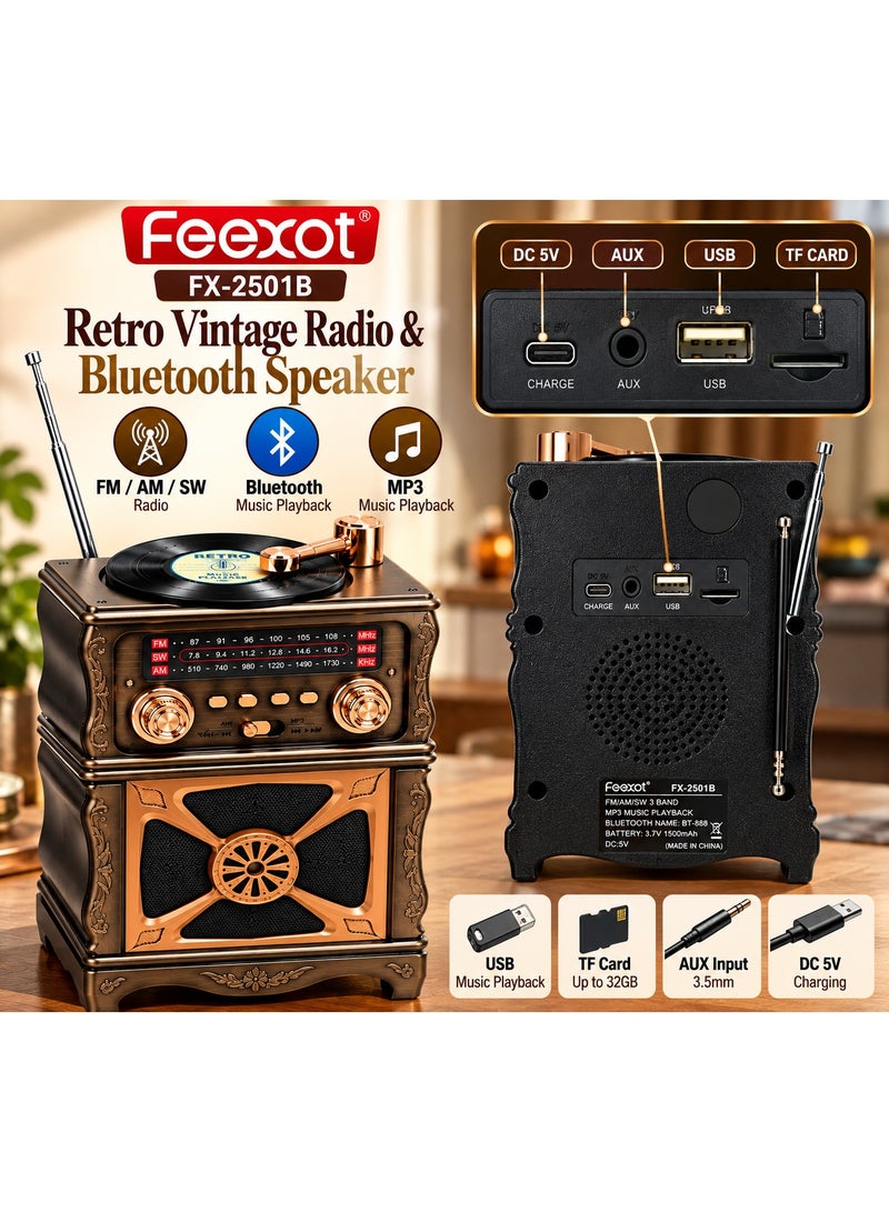 Feexot FX-2501B Vintage Home Decor Radio & Bluetooth Speaker, Retro Gramophone-Style Ornament for Tabletop - Image 5
