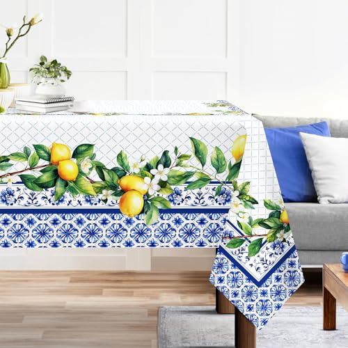 Arquiel Spring Summer Tablecloth 60×84 inch, Waterproof Blue Lemon Table Cloth Washable, Stain Resistant Cloth Table Cover for Party Picnic Dinner Decor (Lemon) - Image 1