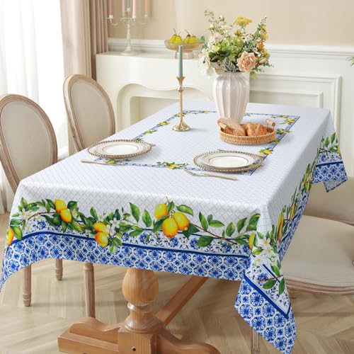 Arquiel Spring Summer Tablecloth 60×84 inch, Waterproof Blue Lemon Table Cloth Washable, Stain Resistant Cloth Table Cover for Party Picnic Dinner Decor (Lemon) - Image 5