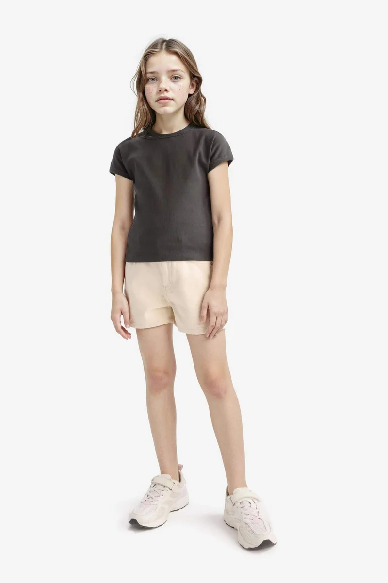 Defacto Girl Slim Fit Crew Neck Basic Corduroy T-shirt