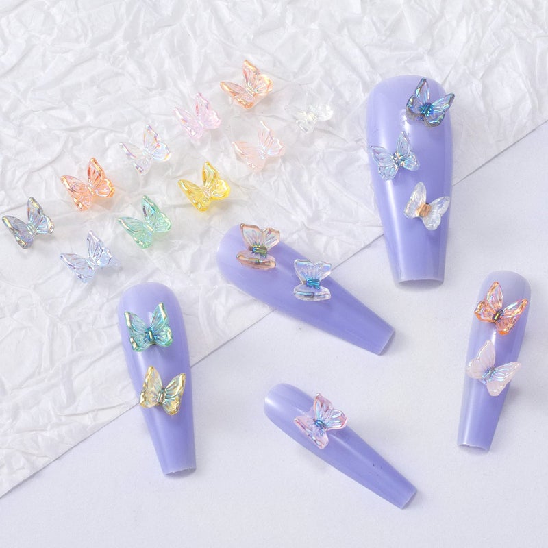 OIIKI 300pcs Cute 3D Butterfly Nail Charm Glitter Charm for Nails Art Resin Art Decorations Ornaments Gems for Acrylic DIY Craft Design Manicure Accessories