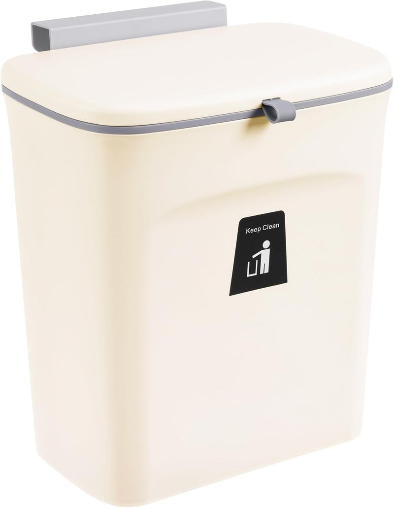Tiyafuro 2.4 Gallon Kitchen Compost Bin for Counter Top or Under Sink, Hanging Small Trash Can with Lid for Cupboard/Bathroom/Bedroom/Office/Camping, Mountable Indoor Compost Bucket, Beige - Image 1