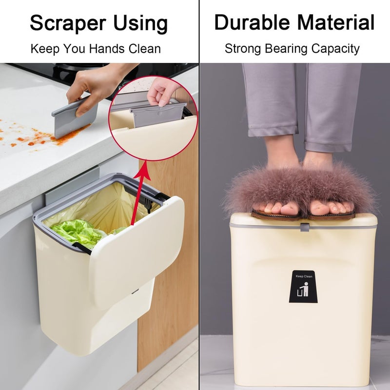 Tiyafuro 2.4 Gallon Kitchen Compost Bin for Counter Top or Under Sink, Hanging Small Trash Can with Lid for Cupboard/Bathroom/Bedroom/Office/Camping, Mountable Indoor Compost Bucket, Beige - Image 5