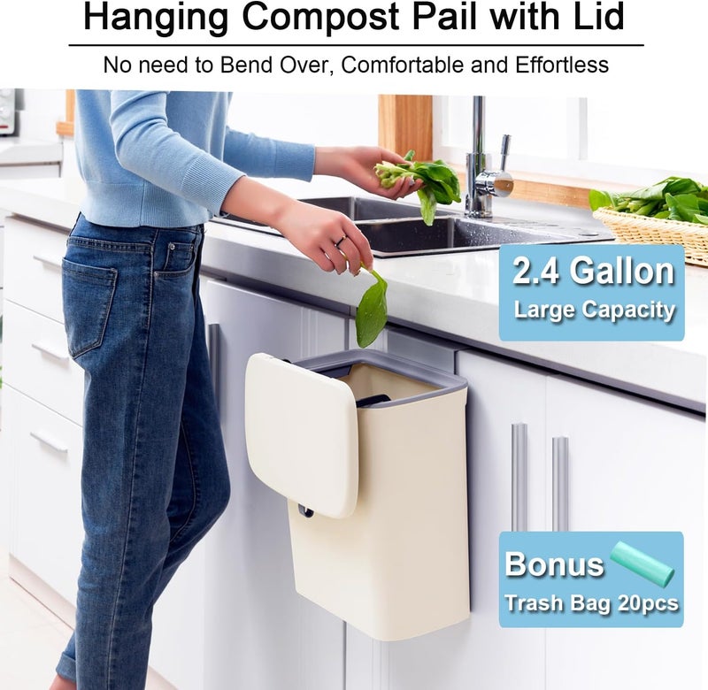 Tiyafuro 2.4 Gallon Kitchen Compost Bin for Counter Top or Under Sink, Hanging Small Trash Can with Lid for Cupboard/Bathroom/Bedroom/Office/Camping, Mountable Indoor Compost Bucket, Beige - Image 2