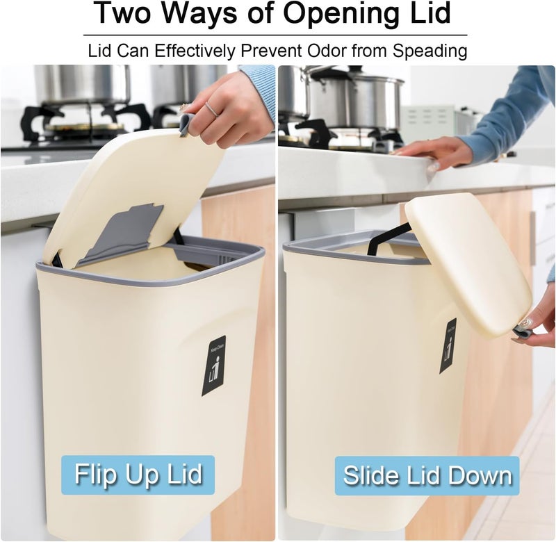 Tiyafuro 2.4 Gallon Kitchen Compost Bin for Counter Top or Under Sink, Hanging Small Trash Can with Lid for Cupboard/Bathroom/Bedroom/Office/Camping, Mountable Indoor Compost Bucket, Beige - Image 3