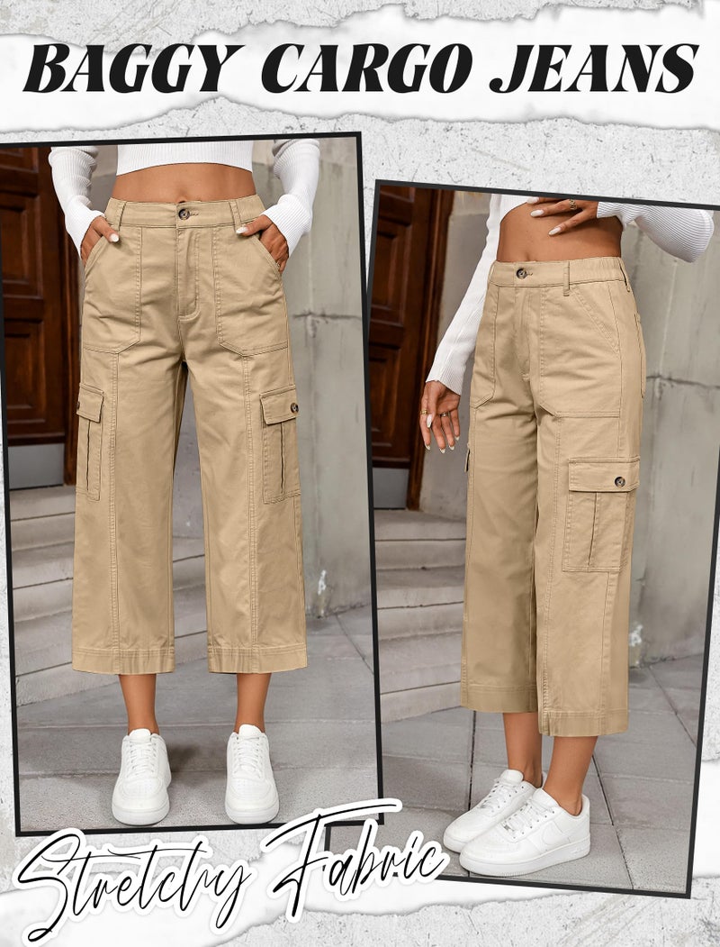 Eddoyee Cargo Capri Pants for Women High Waisted 6 Pockets Stretchy Straight Wide Leg Cropped Denim Jeans Pants Loose Fit(Khaki, Large) - Image 5