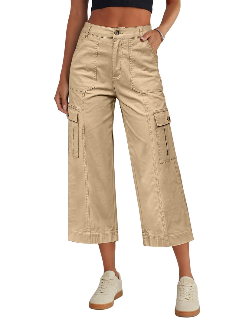 Eddoyee Cargo Capri Pants for Women High Waisted 6 Pockets Stretchy Straight Wide Leg Cropped Denim Jeans Pants Loose Fit(Khaki, Large) - Image 1