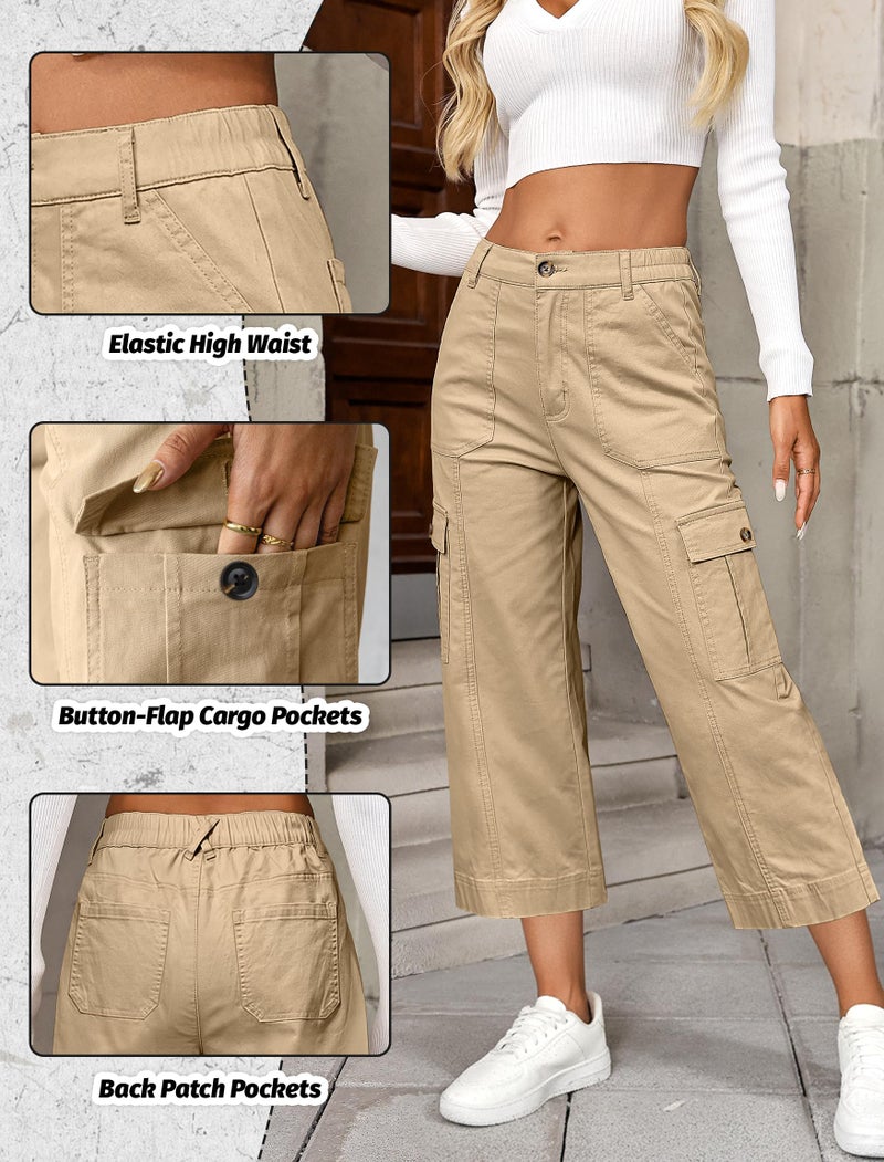 Eddoyee Cargo Capri Pants for Women High Waisted 6 Pockets Stretchy Straight Wide Leg Cropped Denim Jeans Pants Loose Fit(Khaki, Large) - Image 4