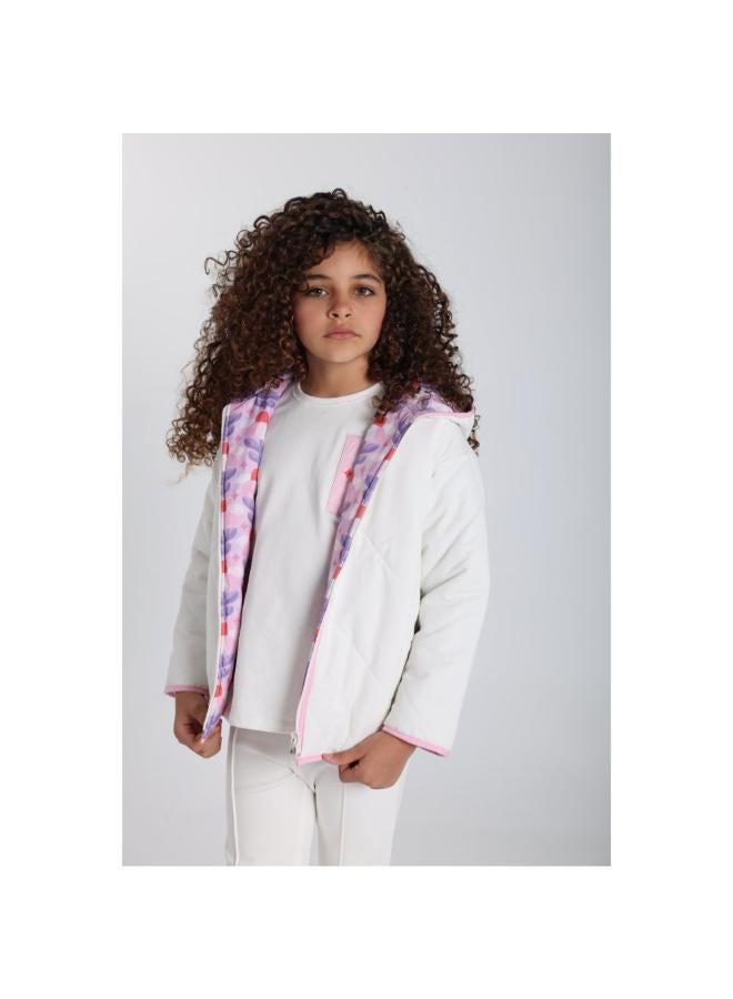playmore Baby Girls Waterproof Reversible Quilted Jacket –Off White & Pink Floral - Image 2