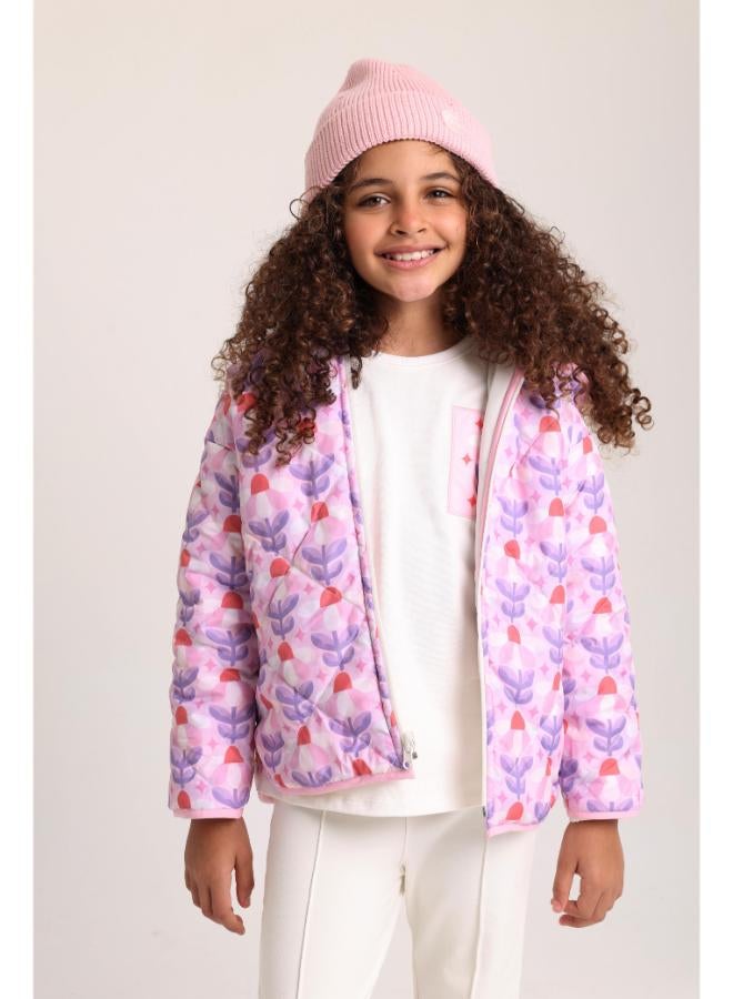 playmore Baby Girls Waterproof Reversible Quilted Jacket –Off White & Pink Floral - Image 1