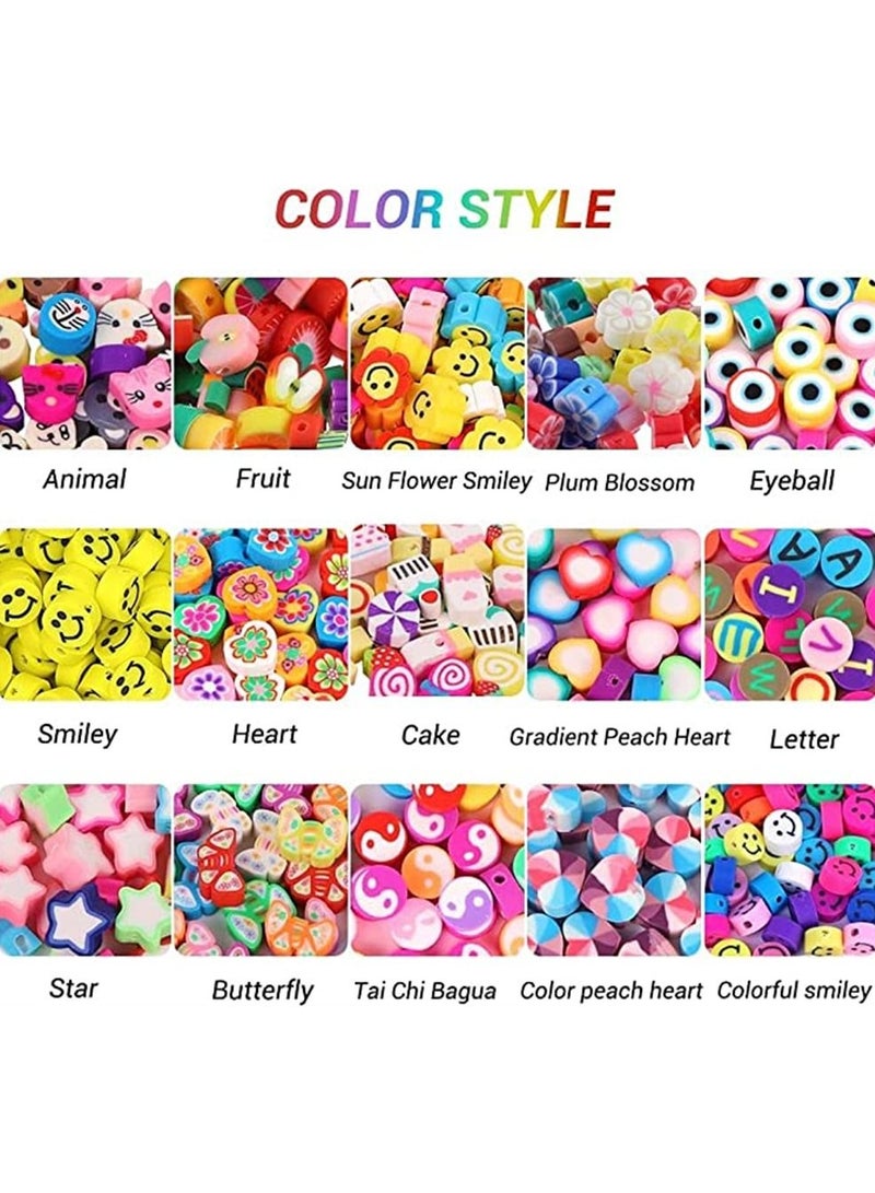 NIBEMINENT 300 PCS Beads Set, DIY Clay Handmade Jewelry Making Bracelets Earring Necklace, 15 Styles Fruit Smiley Flower Letter Accessories with 4m Crystal Elastic String  - Image 4