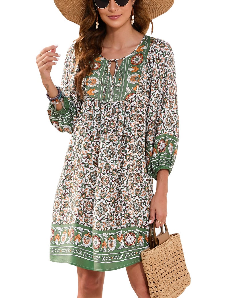 Bluetime Women 3/4 Sleeve Casual Mini Dress Boho Loose Fit Cover ups Summer Beach Sun Dress (L, Dark Green) - Image 1