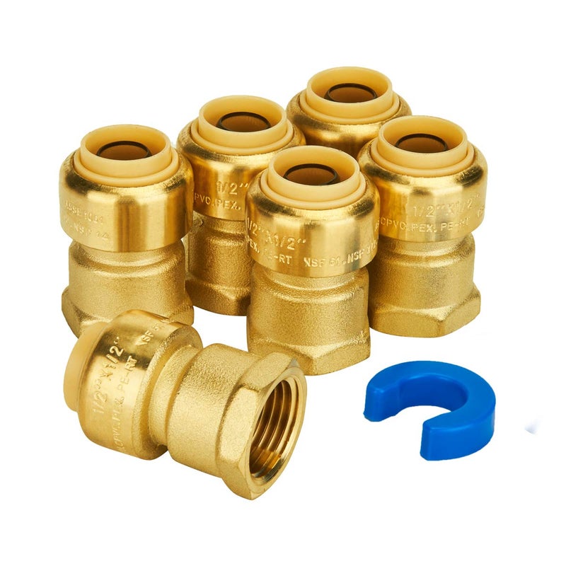 SUNGATOR 6-Pack Female Adapter, 1/2-Inch by 1/2-Inch Straight Connector Plumbing Fitting, Push Fit PEX Fittings with Disconnect Clip, Push-to-Connect Copper, CPVC, No Lead Brass Pipe Fittings - Image 1