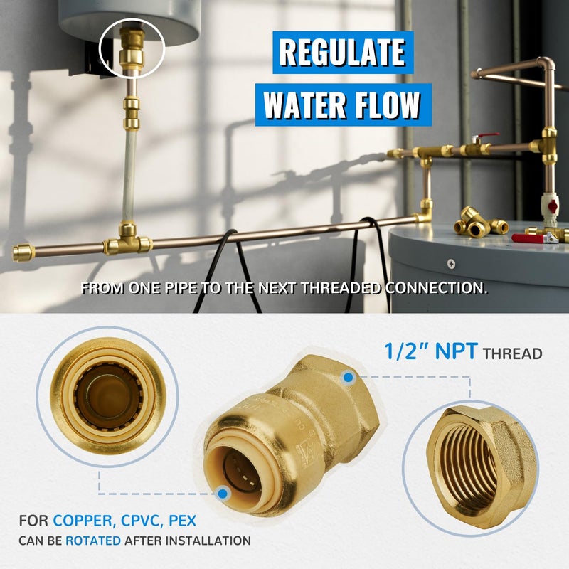 SUNGATOR 6-Pack Female Adapter, 1/2-Inch by 1/2-Inch Straight Connector Plumbing Fitting, Push Fit PEX Fittings with Disconnect Clip, Push-to-Connect Copper, CPVC, No Lead Brass Pipe Fittings - Image 5