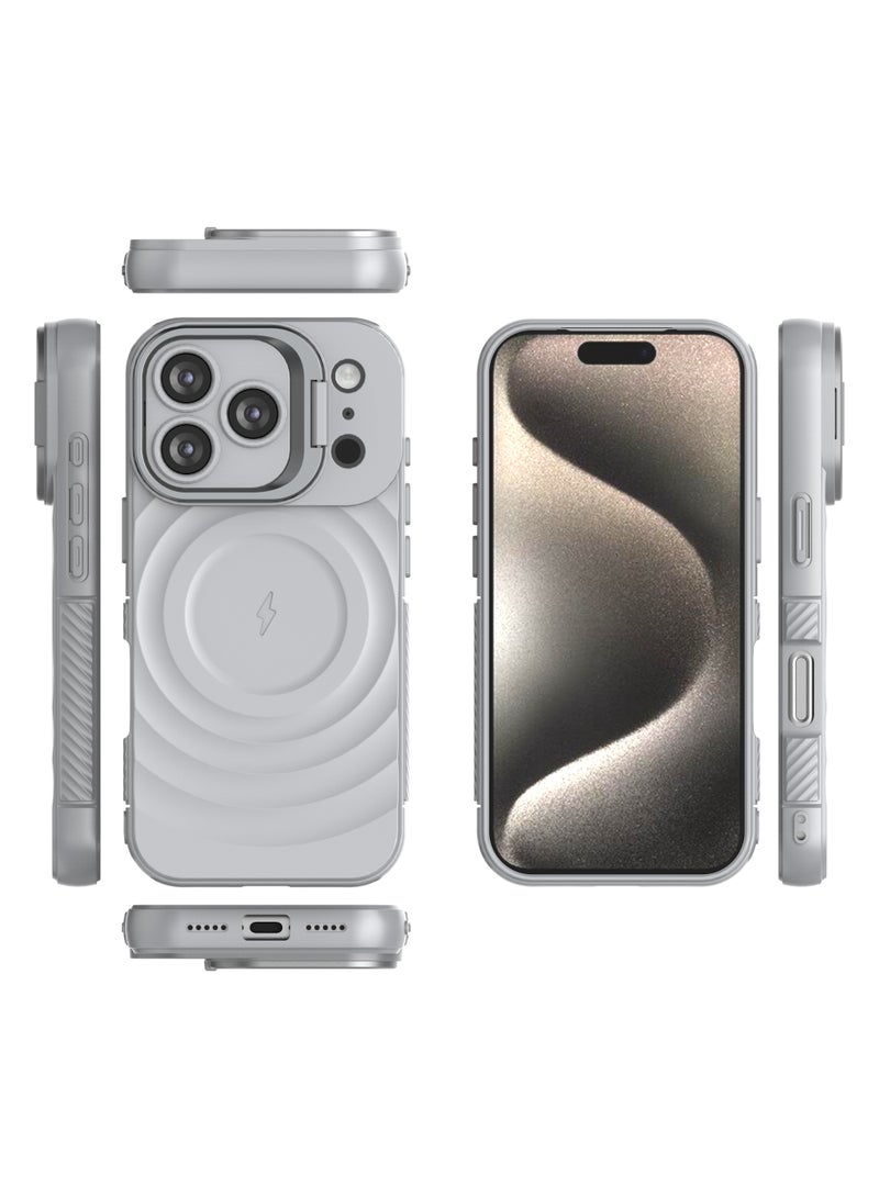 Cover For iPhone 17 Pro Magnetic Phone Corrugated Anti Drop Full Lens Coverage Phone Case with Holder Stand - Gray - Image 2