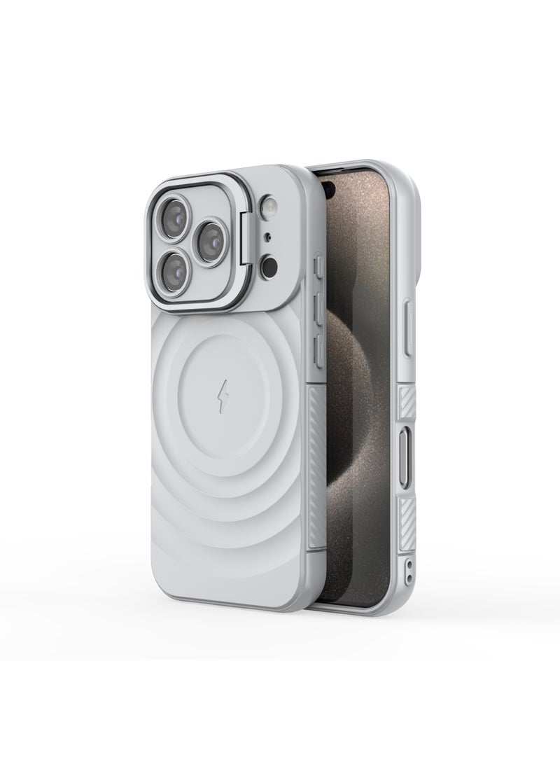 Cover For iPhone 17 Pro Magnetic Phone Corrugated Anti Drop Full Lens Coverage Phone Case with Holder Stand - Gray - Image 3