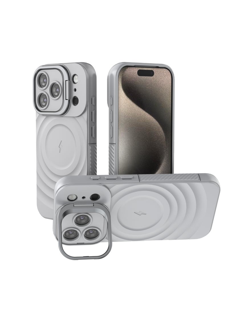Cover For iPhone 17 Pro Magnetic Phone Corrugated Anti Drop Full Lens Coverage Phone Case with Holder Stand - Gray - Image 1