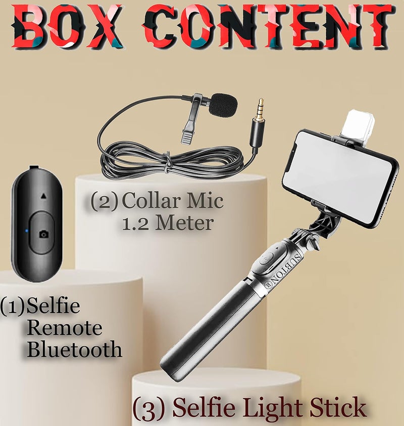 SUBTON BASICS Selfie Stick with Wireless Bluetooth Selfie Remote & 1meter Wired Collar Mic|Compatible with All Smartphones for YouTube Vlogging Reels Shots Photo Shoot(1 Meter Selfie Stick + Mic) - Image 2