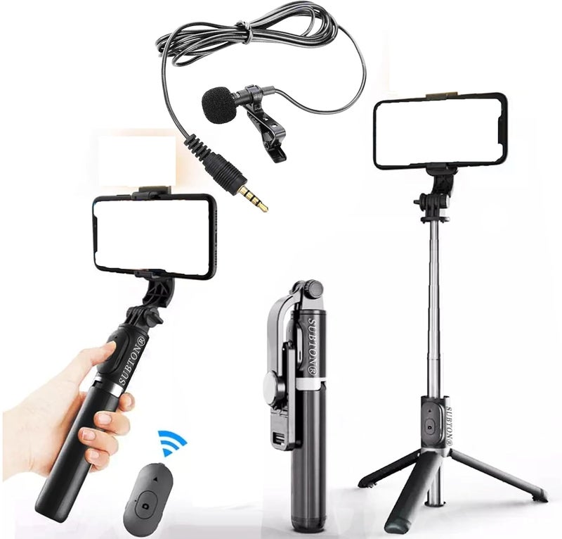 SUBTON BASICS Selfie Stick with Wireless Bluetooth Selfie Remote & 1meter Wired Collar Mic|Compatible with All Smartphones for YouTube Vlogging Reels Shots Photo Shoot(1 Meter Selfie Stick + Mic) - Image 1