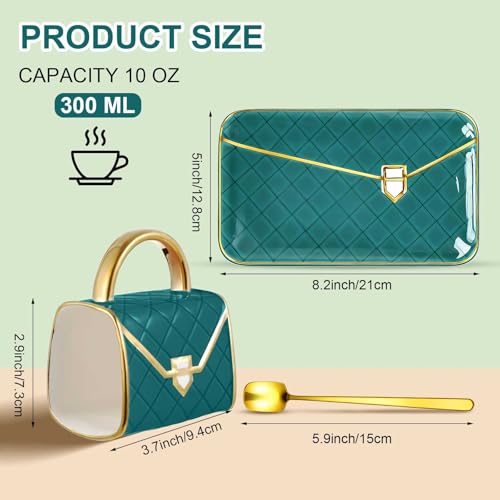 Zubebe 1 Set Coffee Mug Elegant Handbag Shaped Cup Modern Ceramic Purse Mug with Spoon and Saucer 10oz Cute Creative Tea Cup for Woman Girls Gift Dark Green - Image 3
