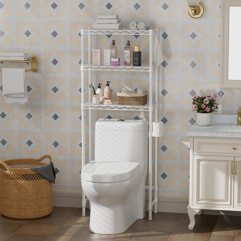 Golpart Over The Toilet Shelf,3-Tier Adjustable Freestanding Metal Bathroom Organizer Shelves with Toilet Paper Holder & Hooks,Space-Saving for Narrow Small Bathroom,10â€D x 24â€W x 66â€H,White - Image 1