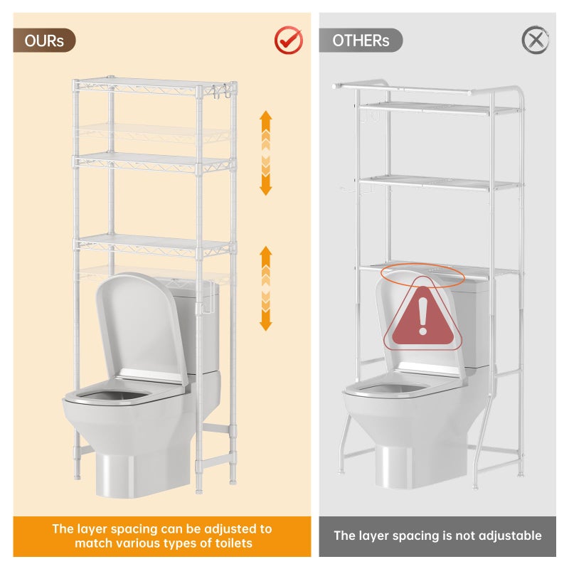 Golpart Over The Toilet Shelf,3-Tier Adjustable Freestanding Metal Bathroom Organizer Shelves with Toilet Paper Holder & Hooks,Space-Saving for Narrow Small Bathroom,10â€D x 24â€W x 66â€H,White - Image 4