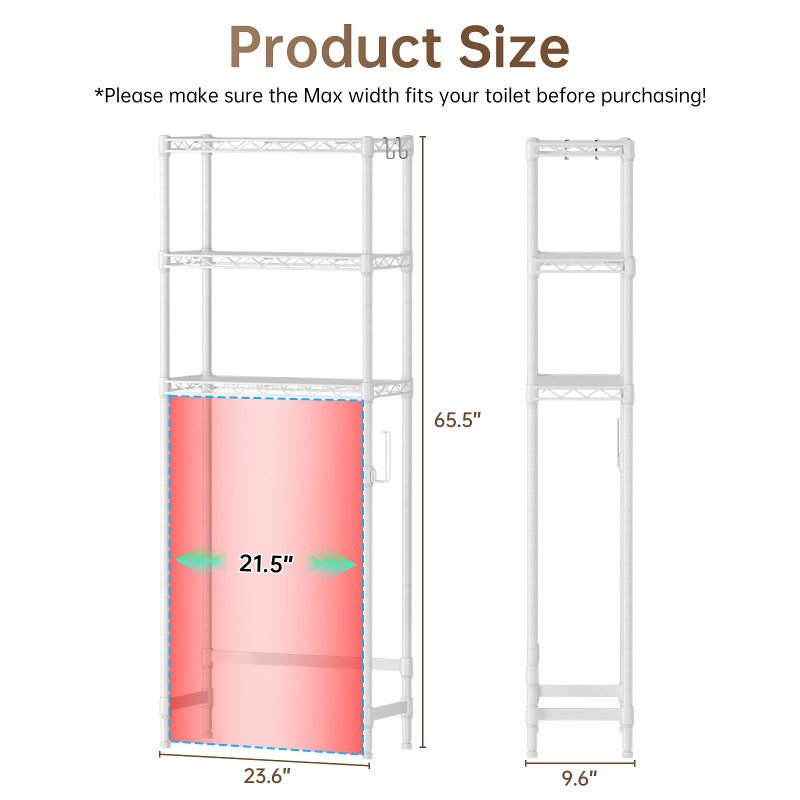 Golpart Over The Toilet Shelf,3-Tier Adjustable Freestanding Metal Bathroom Organizer Shelves with Toilet Paper Holder & Hooks,Space-Saving for Narrow Small Bathroom,10â€D x 24â€W x 66â€H,White - Image 3