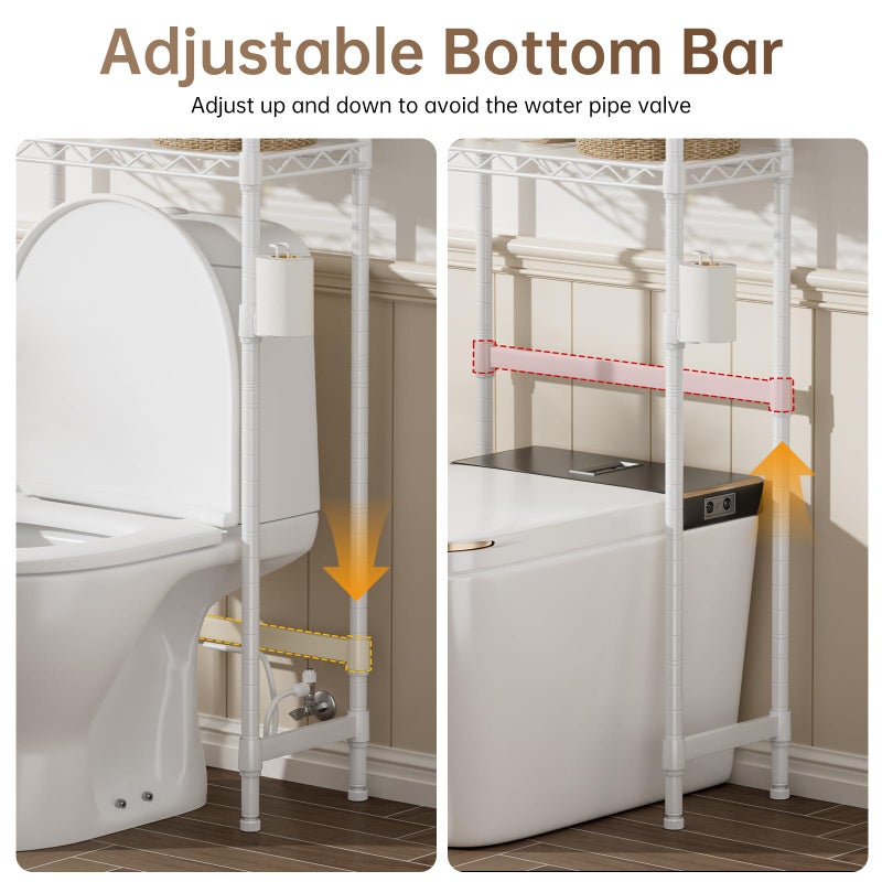 Golpart Over The Toilet Shelf,3-Tier Adjustable Freestanding Metal Bathroom Organizer Shelves with Toilet Paper Holder & Hooks,Space-Saving for Narrow Small Bathroom,10â€D x 24â€W x 66â€H,White - Image 2